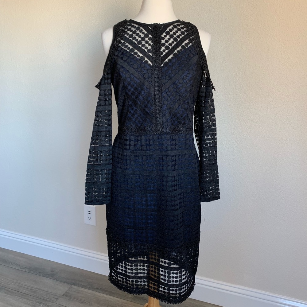 Black & Navy Midi Dress with Long Lace Sleeves